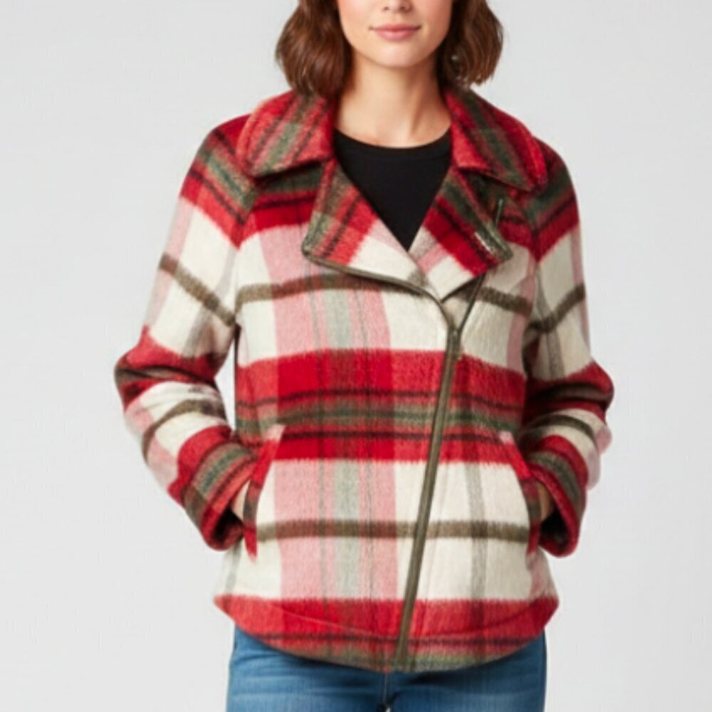 Cabi Shelter Red Plaid Moto Jacket XS